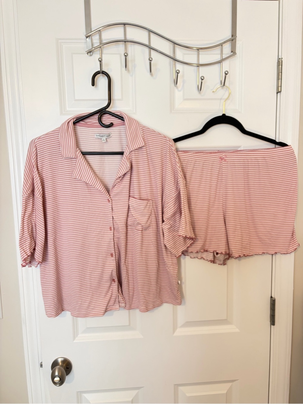 Sincerely Jules Pink & White Striped Short Pajama Set Ribbed Cozy Soft - Large